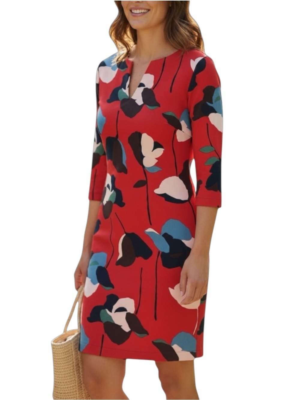 Boden Sz 6R Easy Notch Bold Red Floral 3/4 Sleeves Tunic Dress Pockets